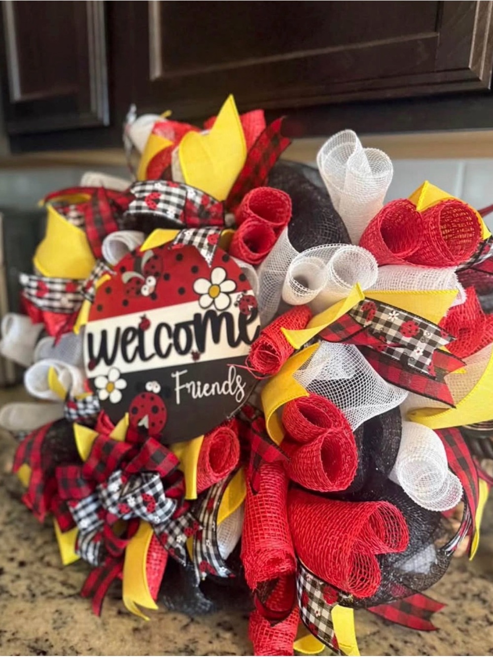 Welcome Friends Ladybug Wreath - Red, Yellow, White